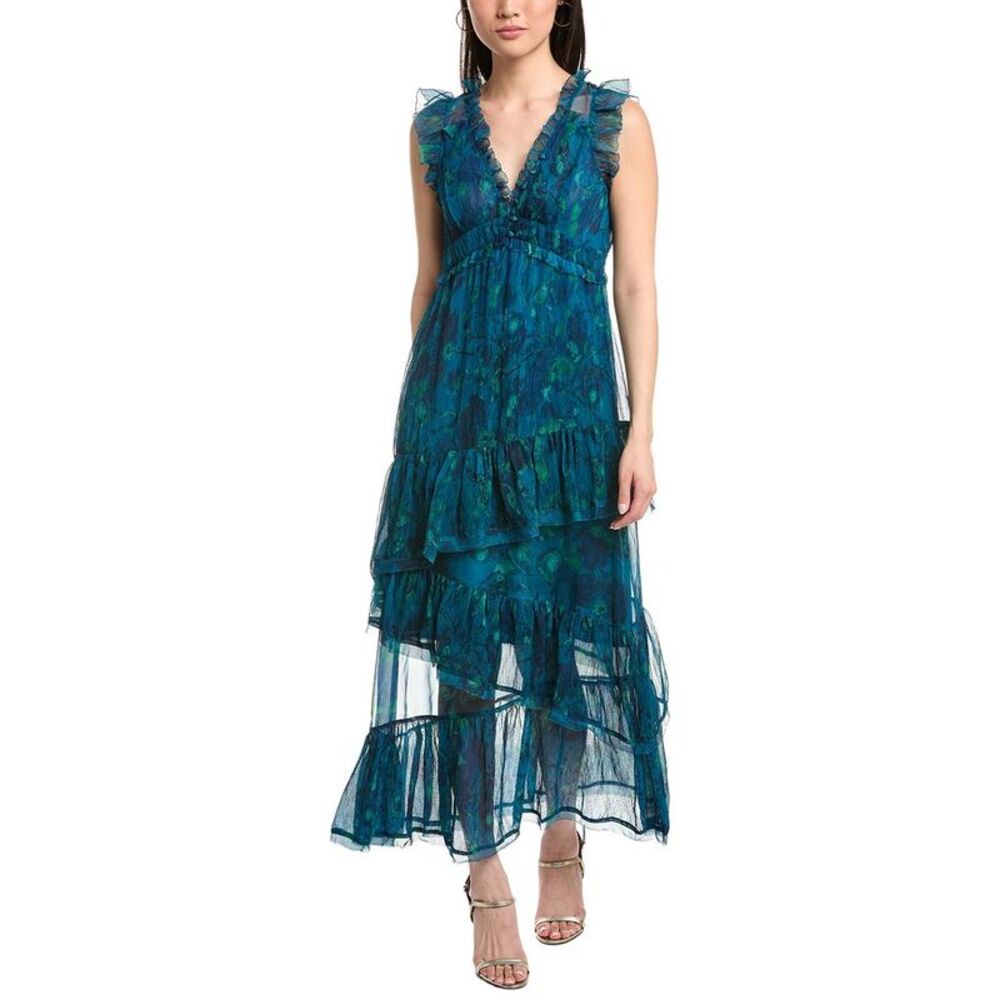 Marchesa Notte Womens  Pleated Chiffon V-Neck Maxi Dress, Blue